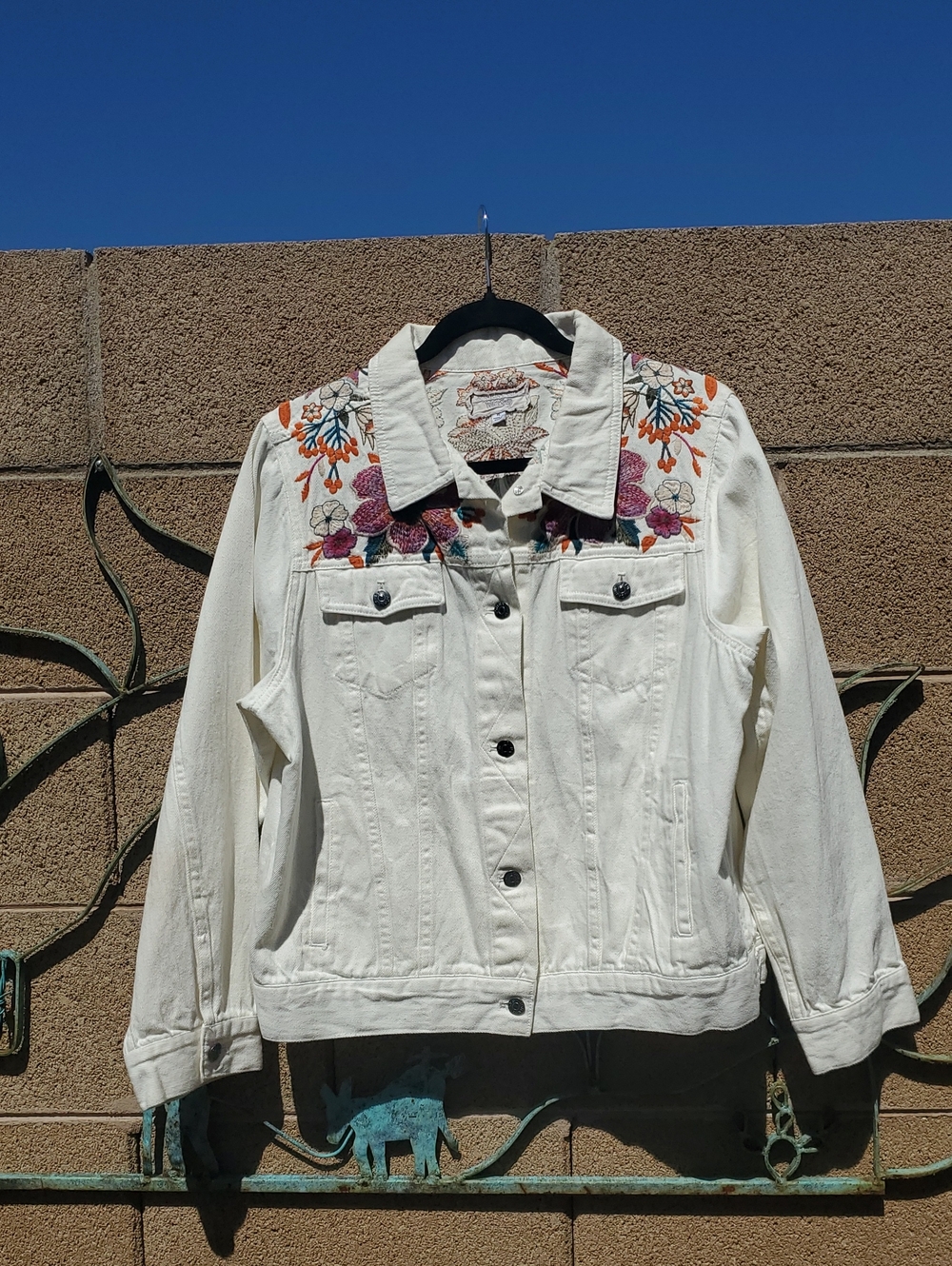 Johnny Was White Denim Jacket with Floral Embroidery